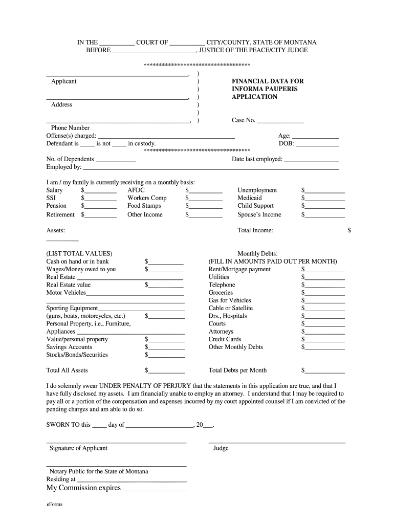 Informa Pauperis Application Form Montana