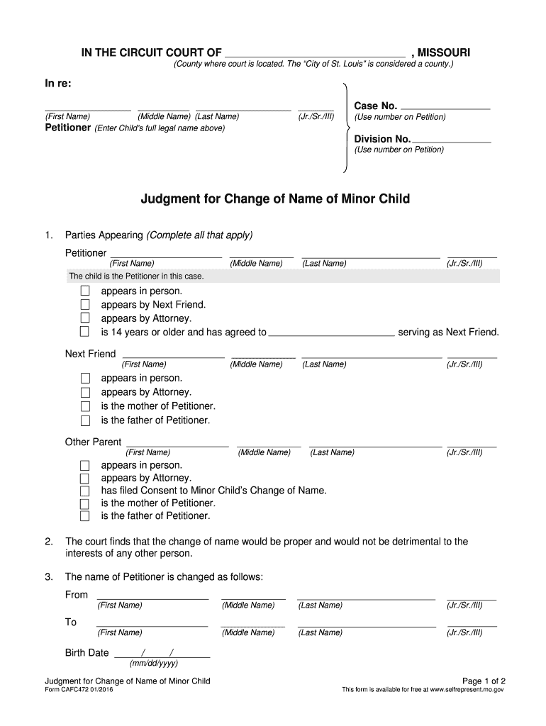 Judgment for Change of Name of Minor Child CAFC472  Form