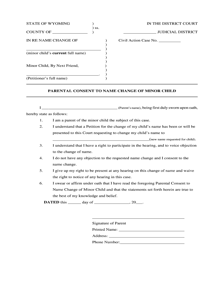 Wyoming Minor Name Change Parental Consent Form