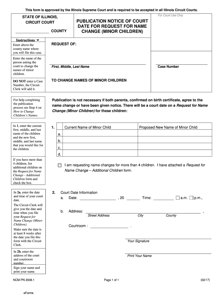  Illinois Publication Notice of Court Date for Request for Name Change Minor Children 2017