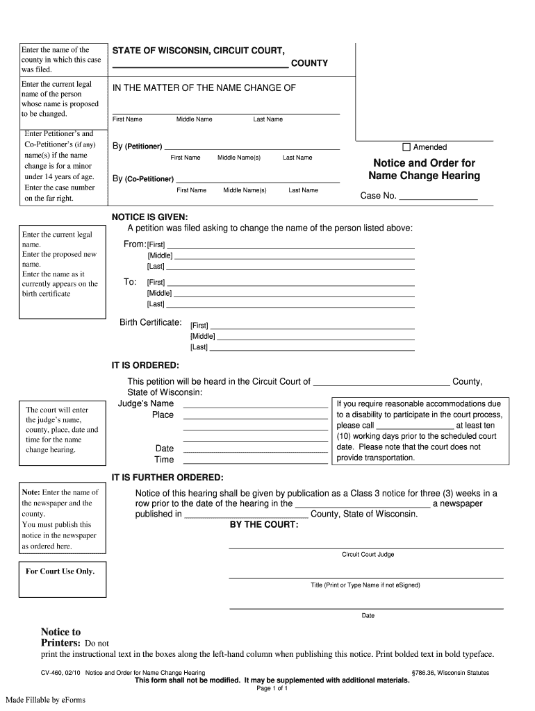 CV 460 Notice and Order for Name Change Hearing  Form