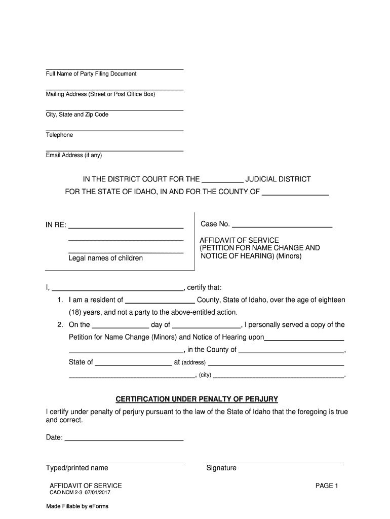 Idaho Affidavit of Service Minors  Form
