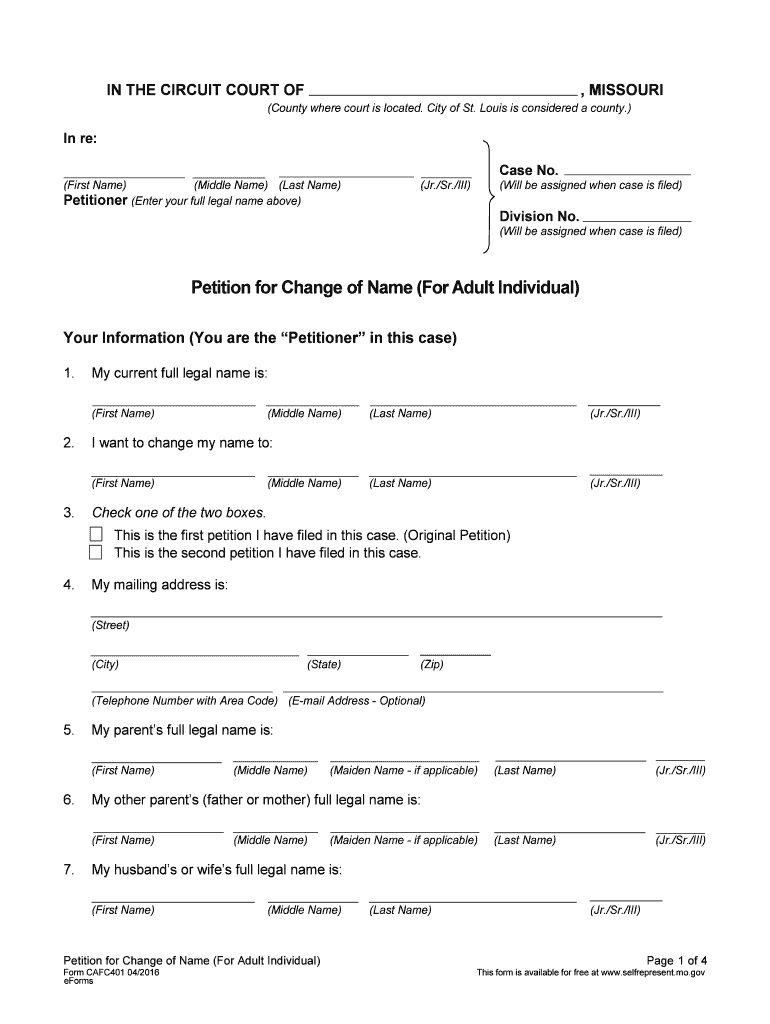 Petition for Change of Name for Adult Individual Form CAFC401