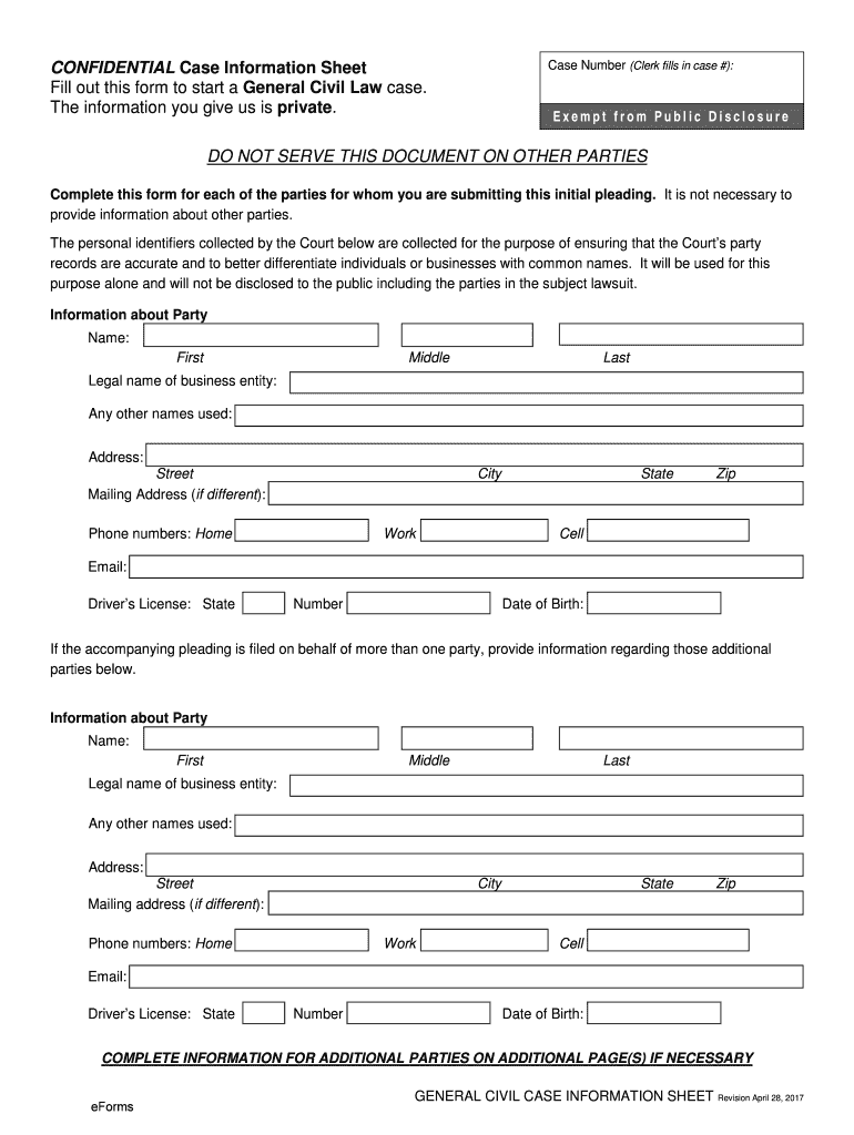 CONFIDENTIAL Case Information Sheet Case Number Clerk Fills