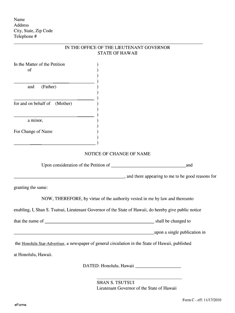  Hawaii Notice of Change of Name Minor by Parents 2010