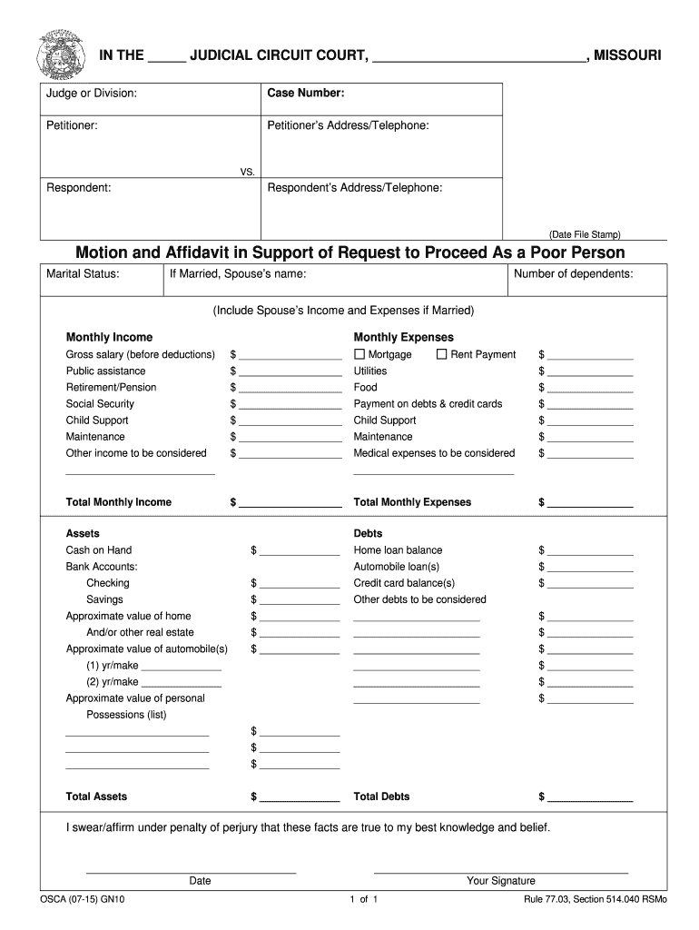 Get the Motion and Affidavit in Support of Request to Proceed  Form