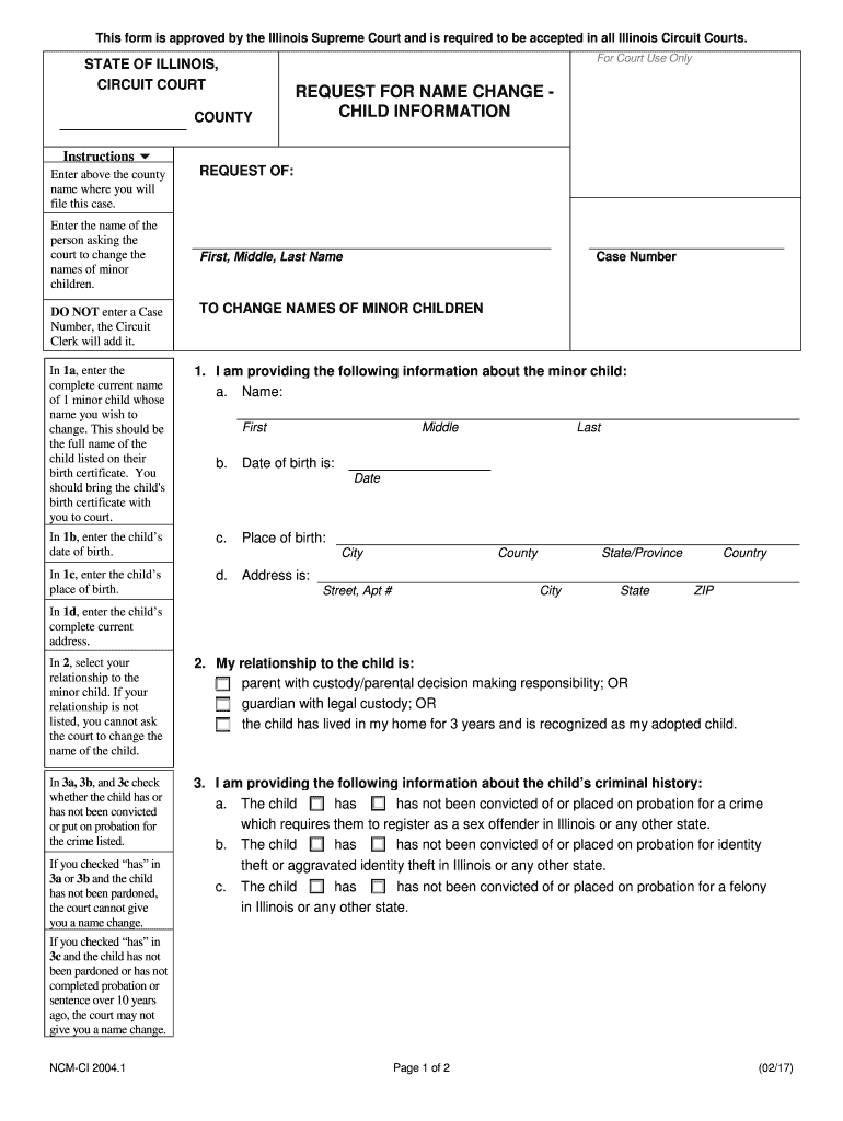  Illinois Request for Name Change Child Information 2017