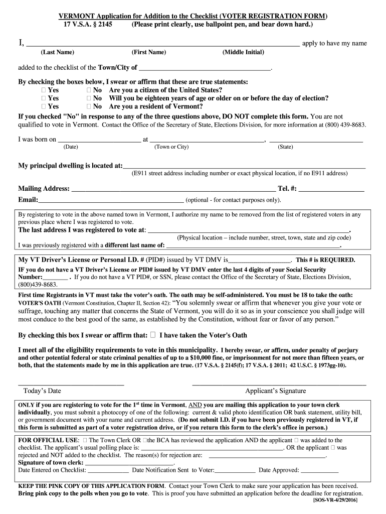  Voter Registration Application Vermont Secretary of State 2016