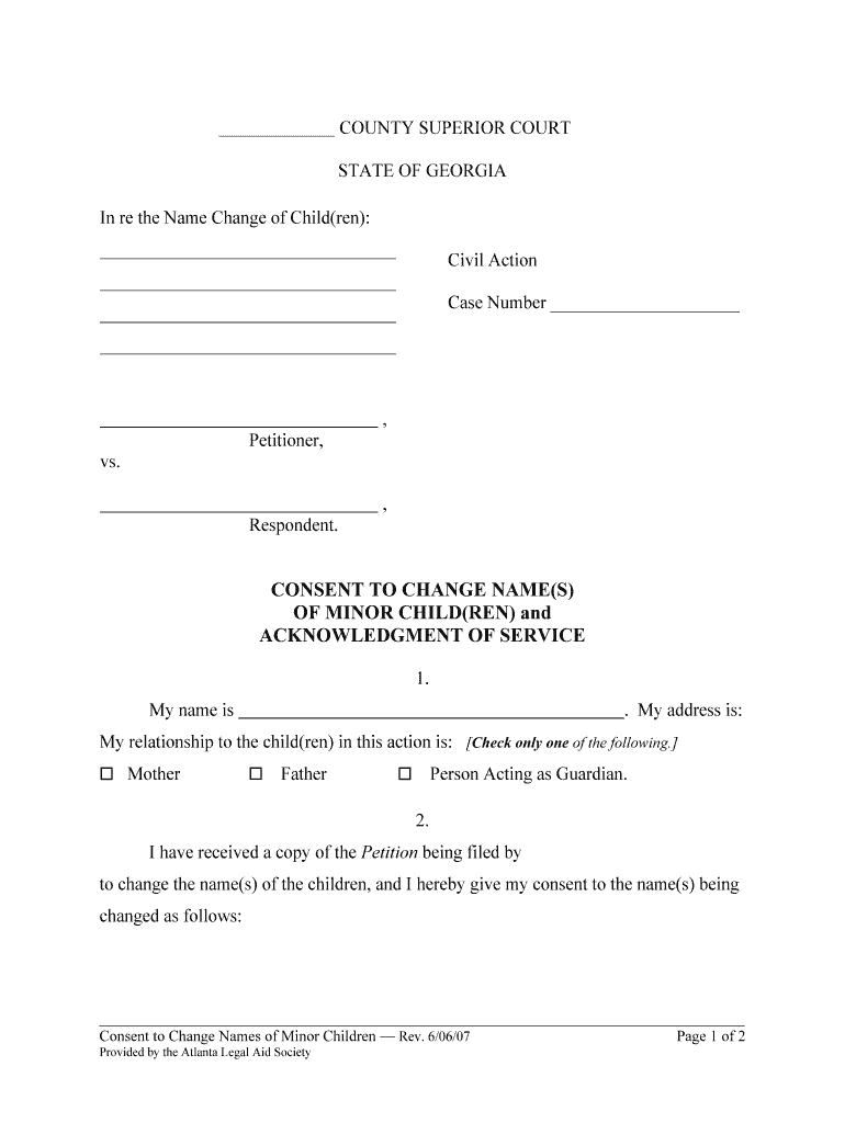 Get and Sign Georgia Consent to Change of Names of Minor Children and Acknowledgement of Service  Form