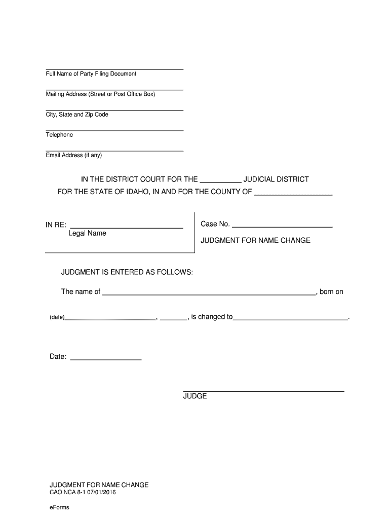 Idaho Judgment for Name Change  Form