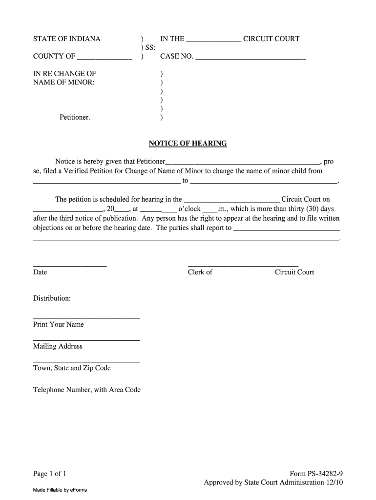 Indiana Notice of Hearing No Consent  Form