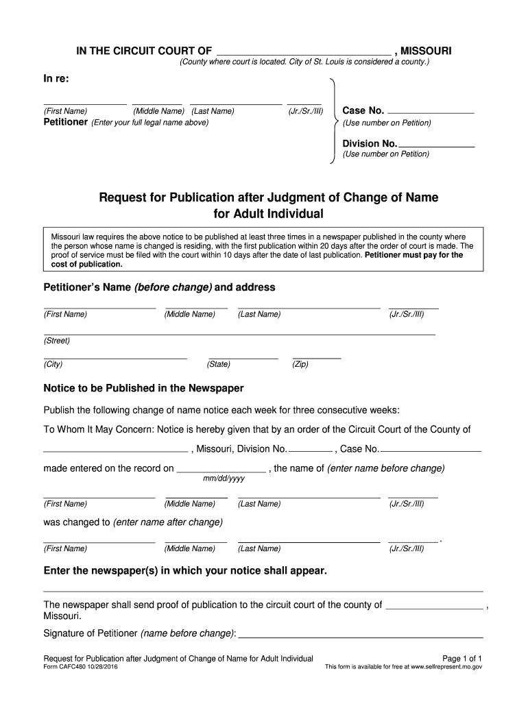 Request for Publication After Judgment of Change of Name for Adult Individual Form CAFC480