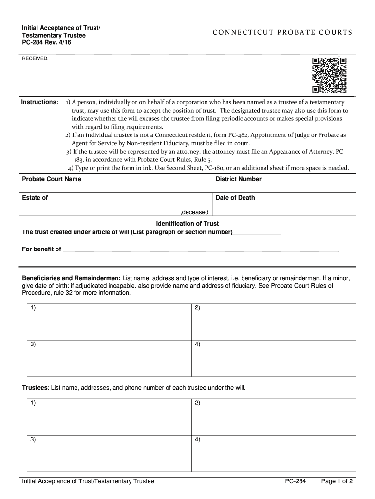  Initial Acceptance of Trust Testamentary Trustee Form PC 284 2016