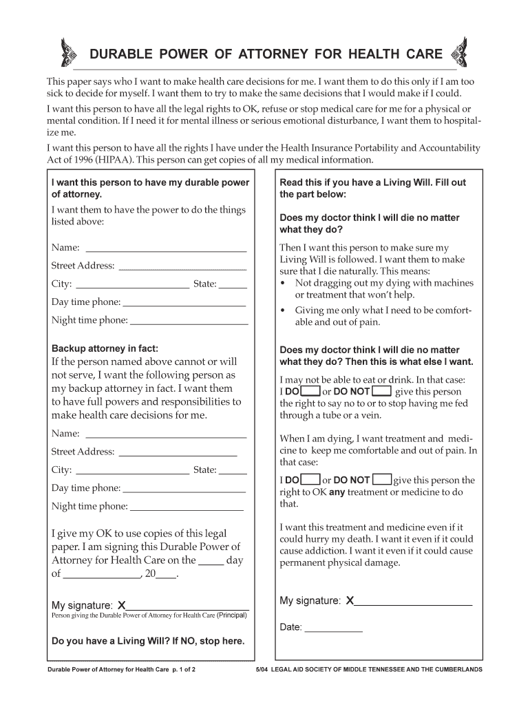 The Durable Power of Attorney Health Care and Finances  Form