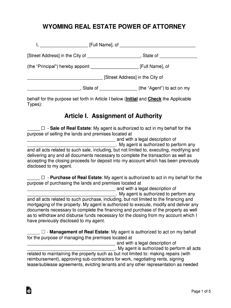 Wyoming Real Estate Power of Attorney Form Word