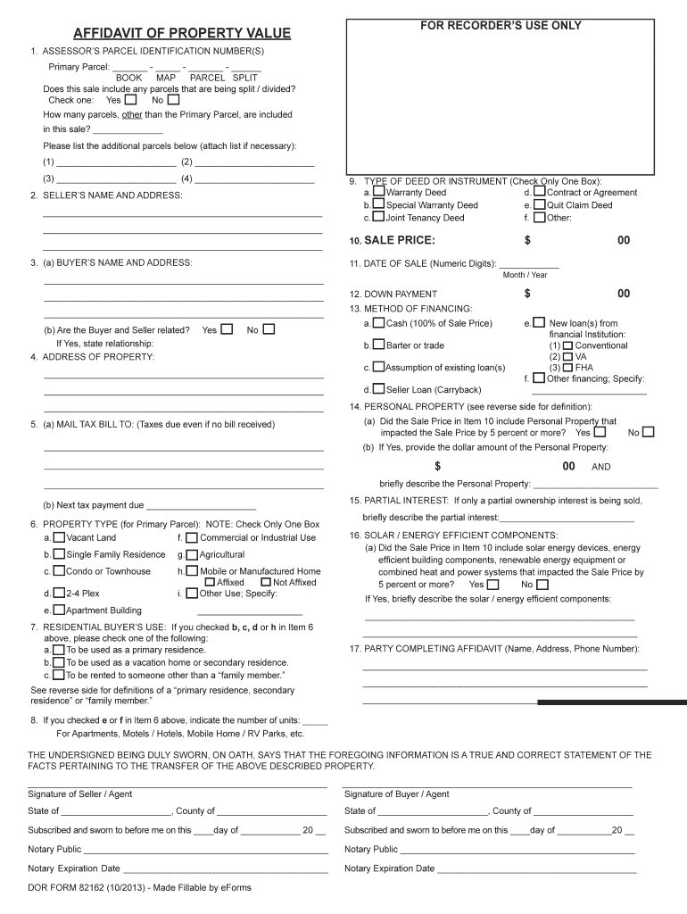  DOR Form 82162 Affidavit of Property Value Arizona 2013