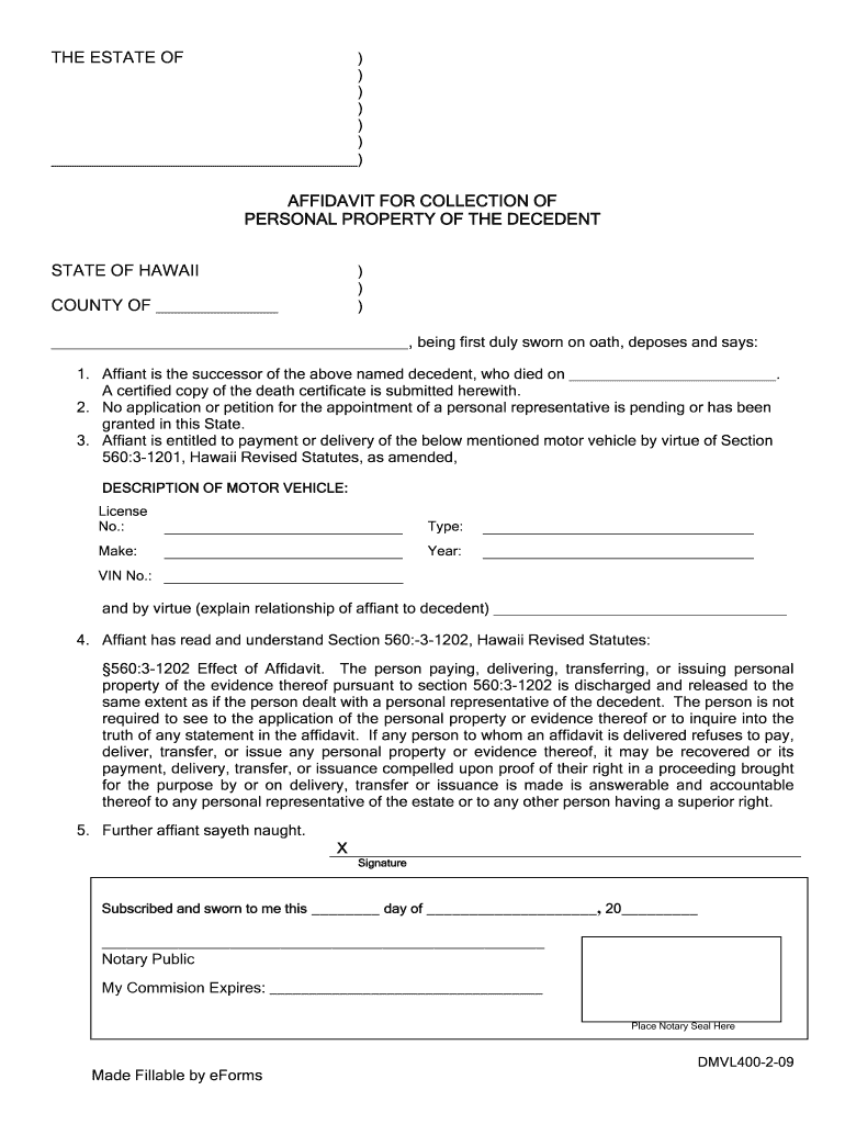 Hawaii Small Estate Affidavit for Motor Vehicles  Form