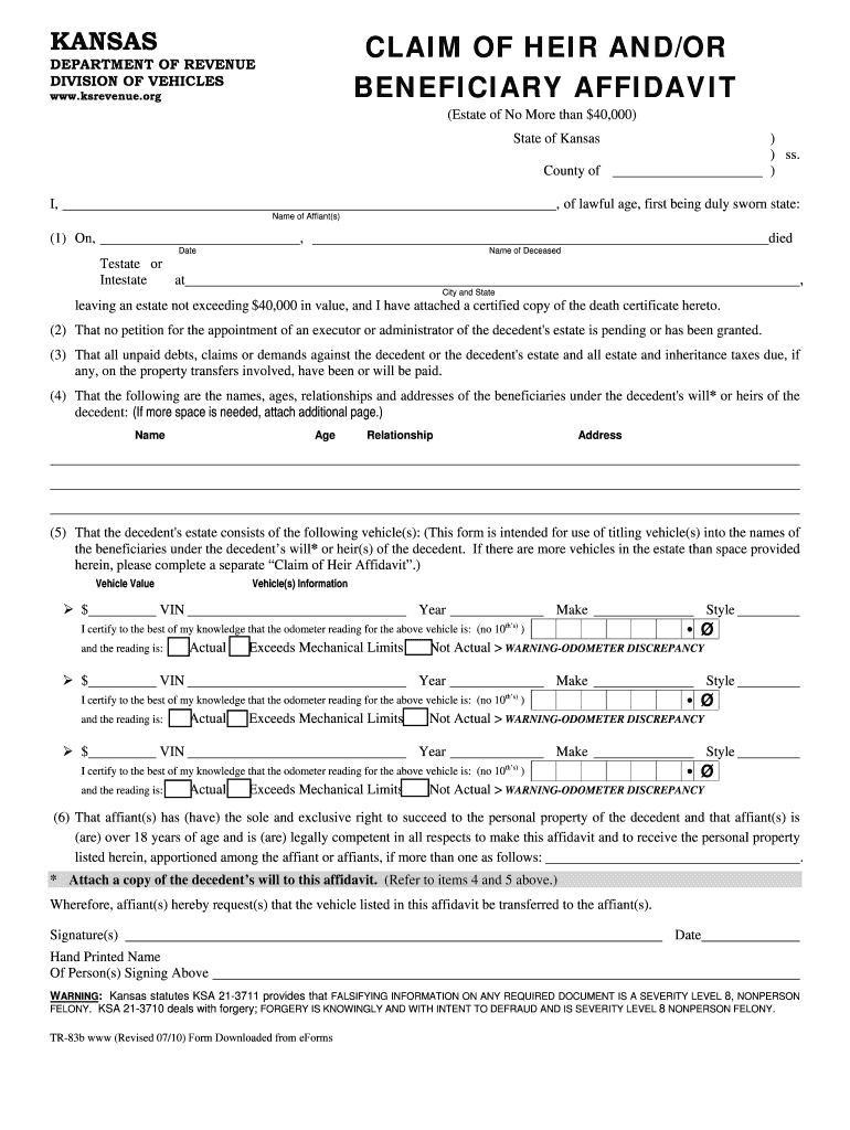 Kansas Motor Vehicle Small Estate Affidavit FOrm Tr83b