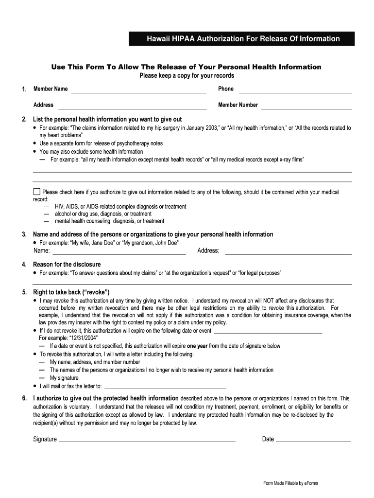  Hawaii HIPAA Medical Release Form 2016-2024