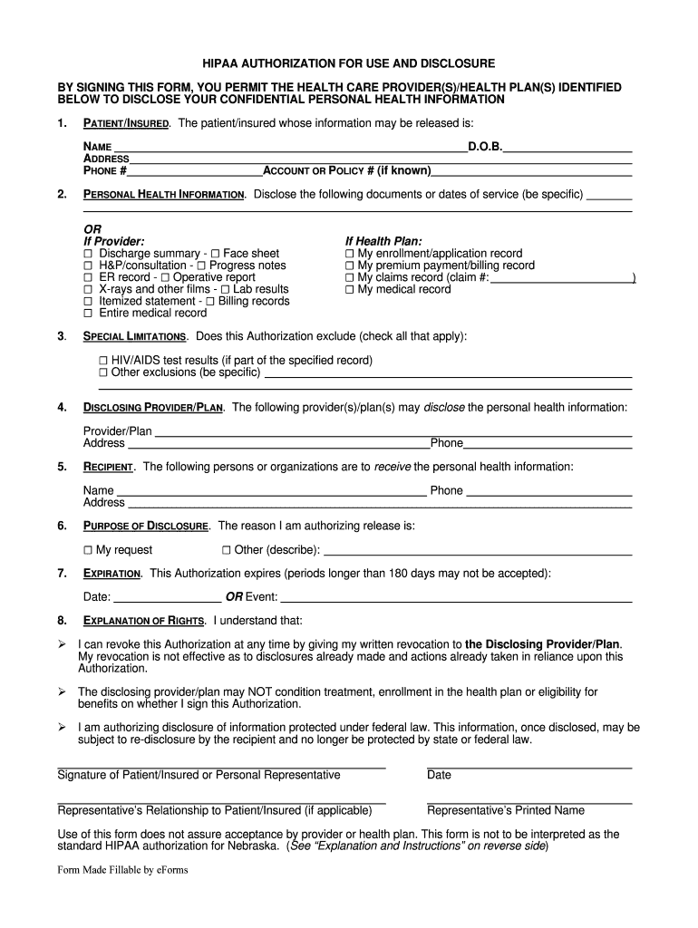 Nebraska HIPAA Authorization Form