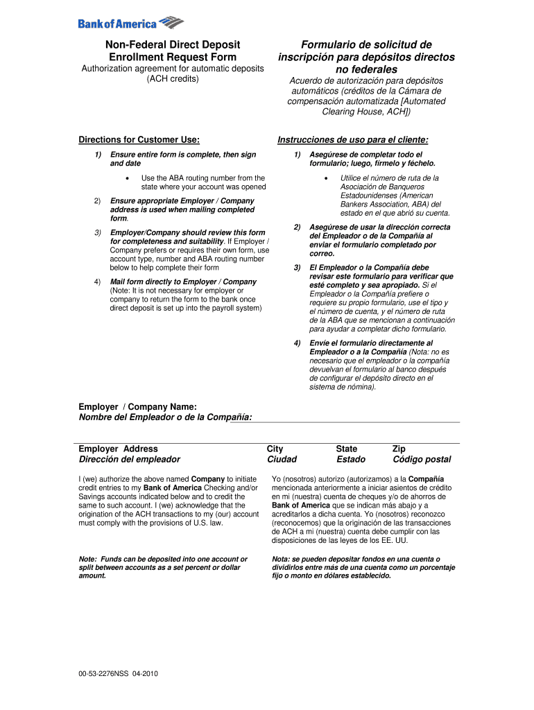 Bank of America Direct Deposit Form PDF EForms