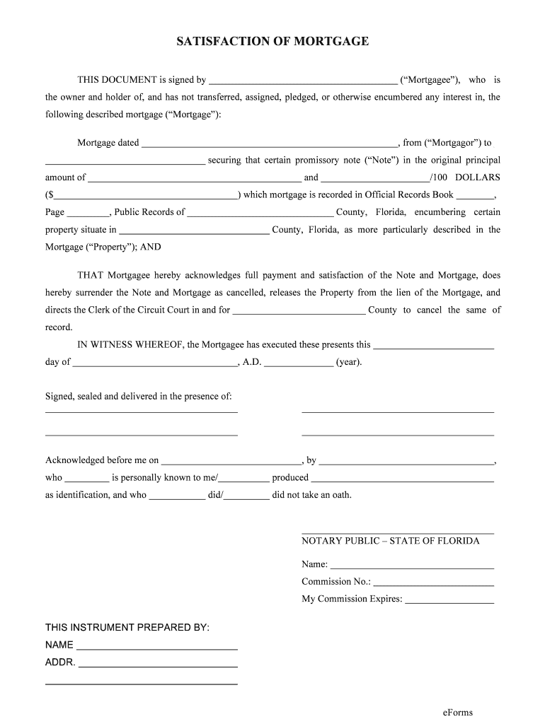 Florida Satisfaction of Mortgage Form