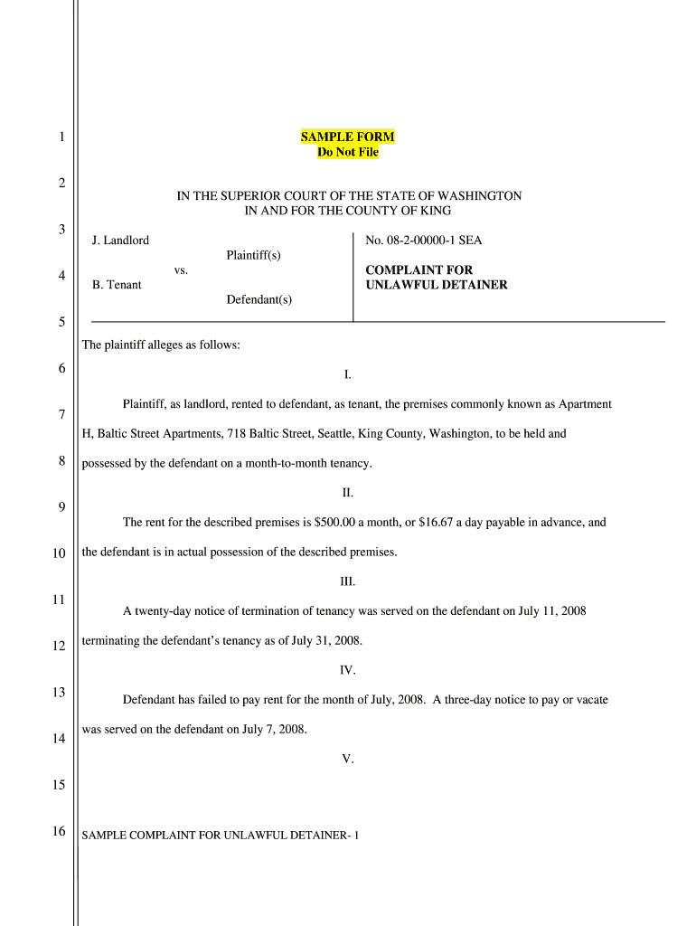 Washington State Eviction Complaint for Unlawful Detainer SAMPLE  Form