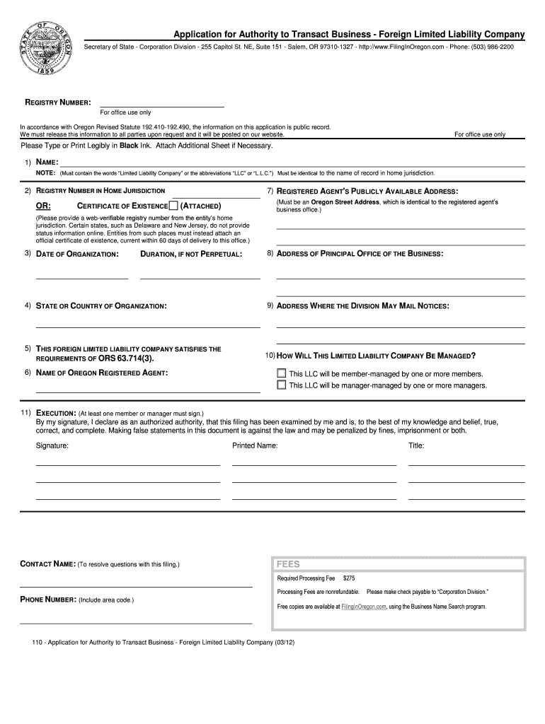  Application for Authority to TransactForeign Limited Liability Company Application for Authority to TransactForeign Limited Liab 2012