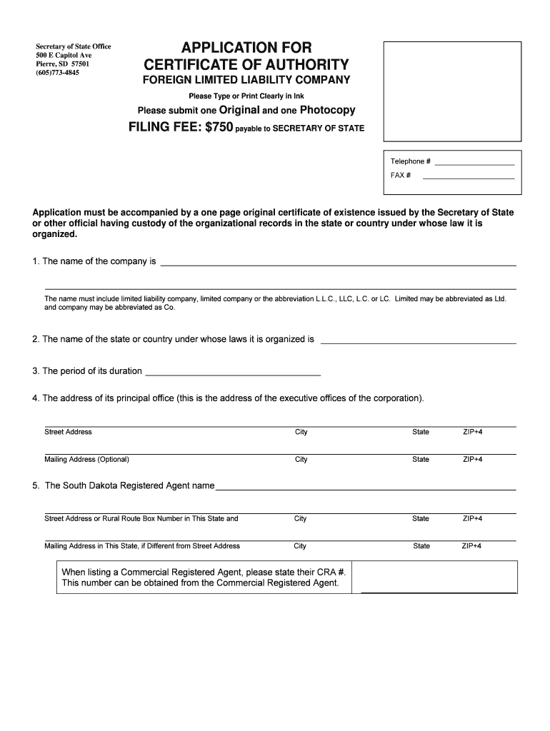 Limited Liability Companies South Dakota Secretary of State  Form