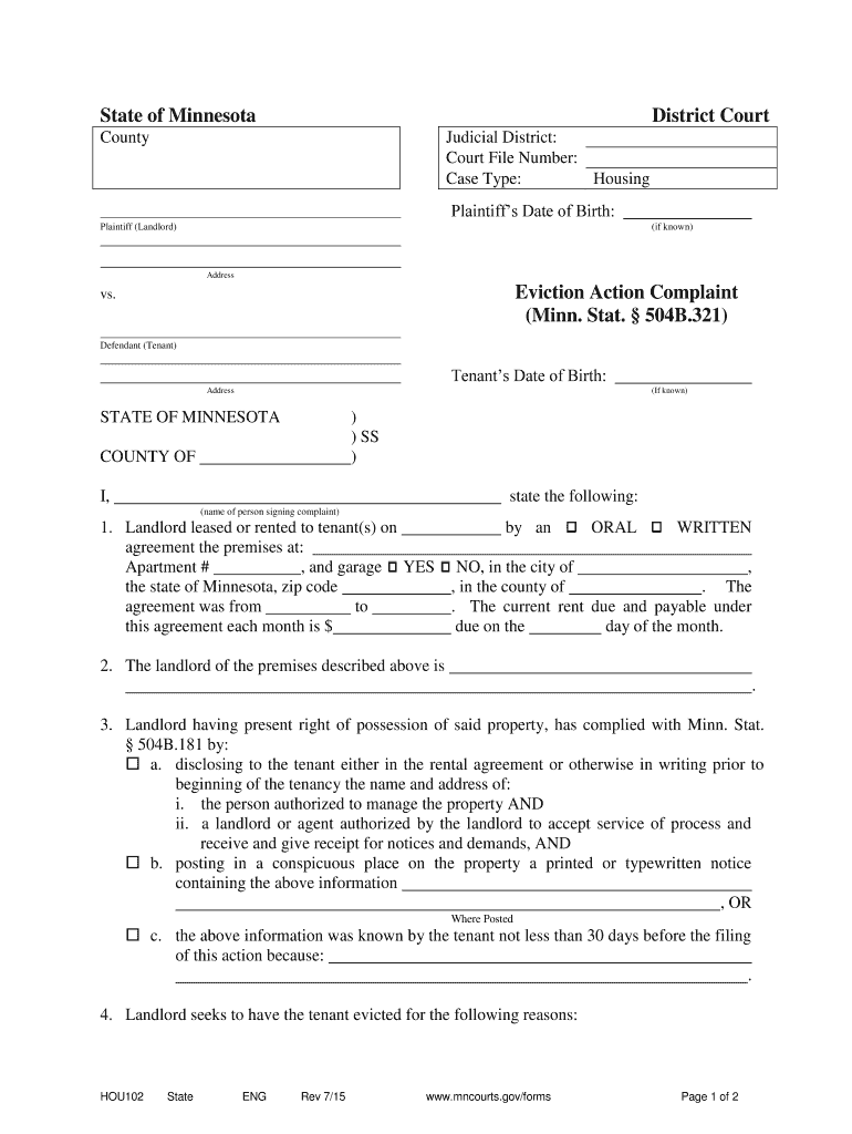  Minnesota Eviction Complaint Form 2015