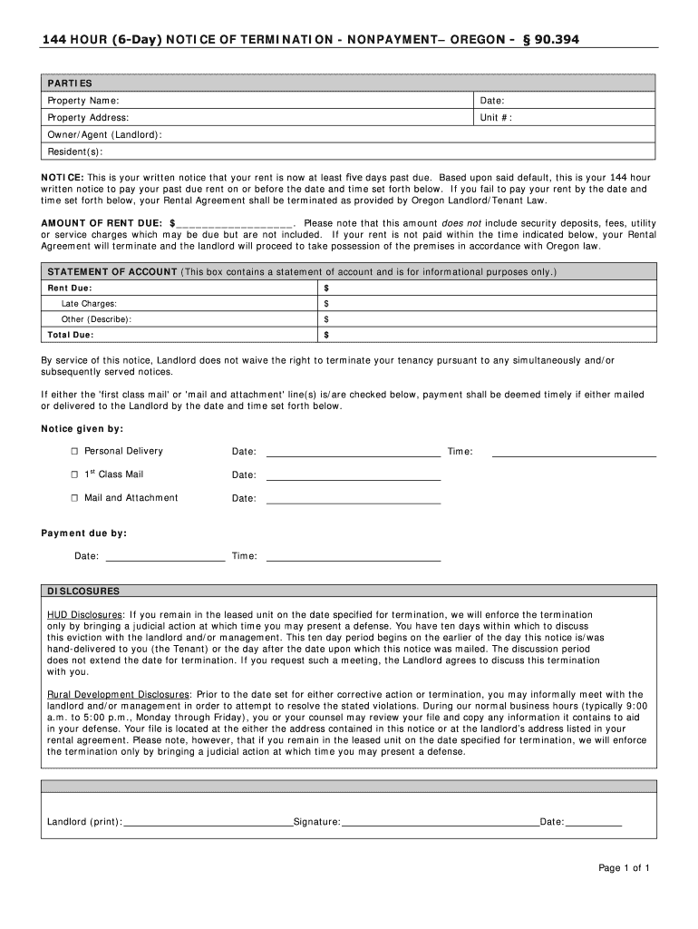 72 HOUR NOTICE of TERMINATION for NONPAYMENT of RENTOREGON  Form