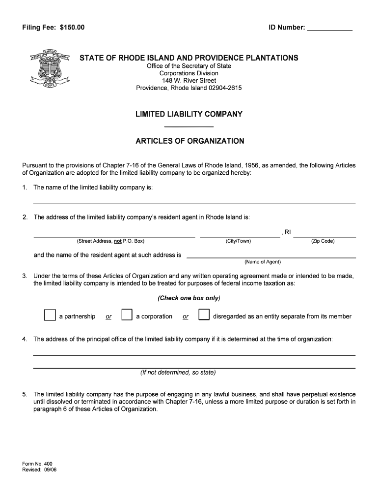  RI Division of Business Services Articles of Incorporation 2006