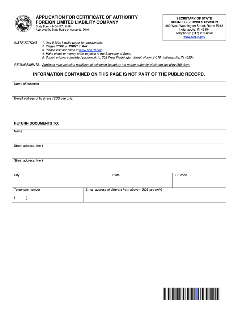 Application for Certificate of Authority of a Foreign Limited  Form