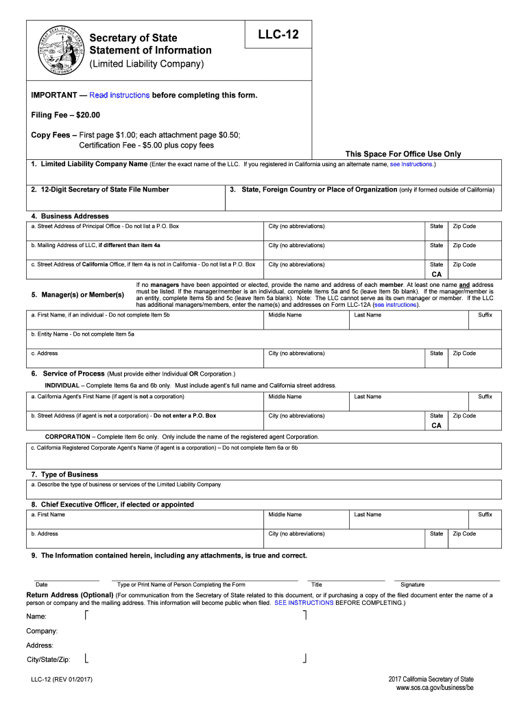  Form LLC 12 LLC Statement of Information 2020