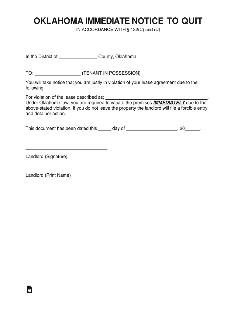 Oklahoma 5 Day Notice to Quit DOC  Form