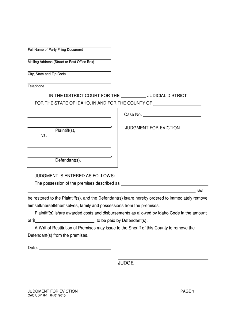  Idaho Judgment for Eviction Form PDF 2015