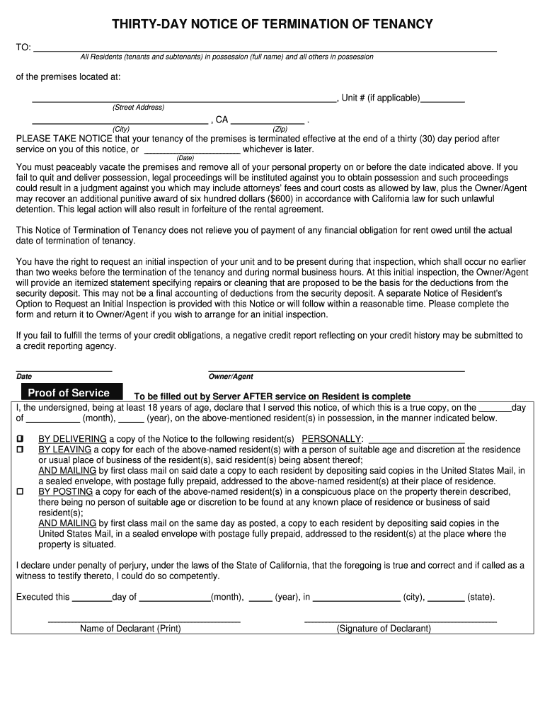 Thirty Day Notice of Termination of Tenancy Regency Property  Form