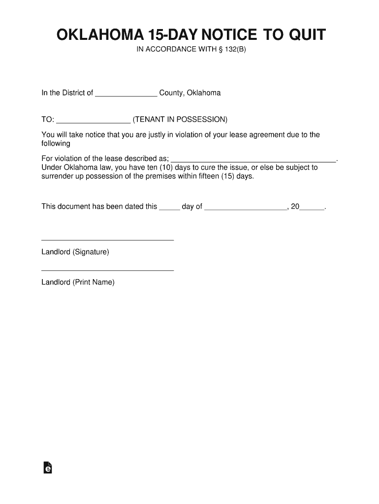 OKLAHOMA 15 DAY NOTICE to QUIT  Form
