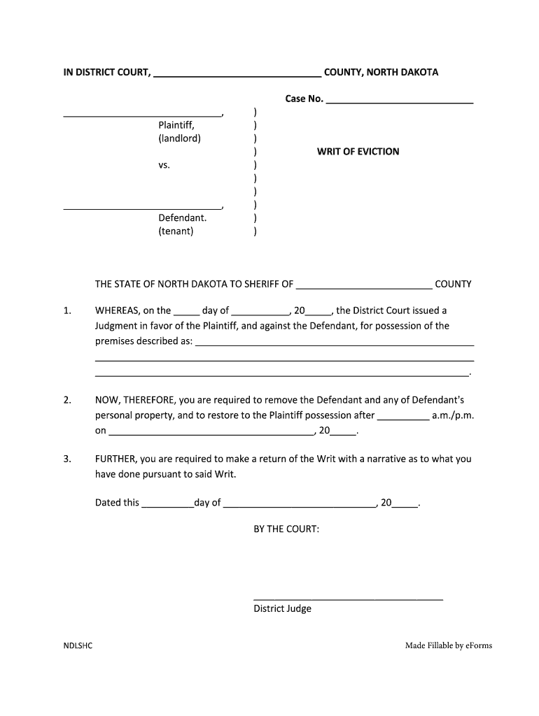 North Dakota Writ of Eviction Form