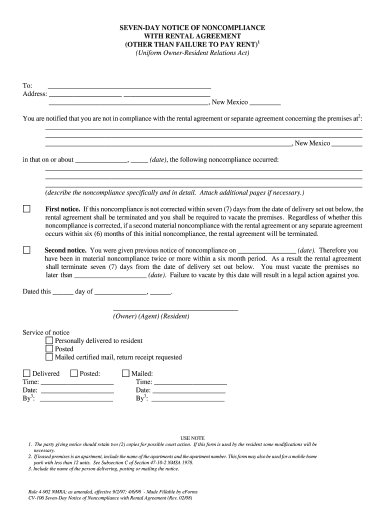 Fillable Online New Mexico 7 Day Notice to Quit Form Non 2008
