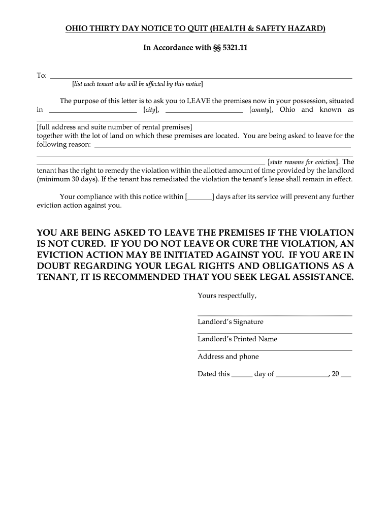 Ohio 30 Day Notice to Quit Health Safety Hazard DOCX  Form