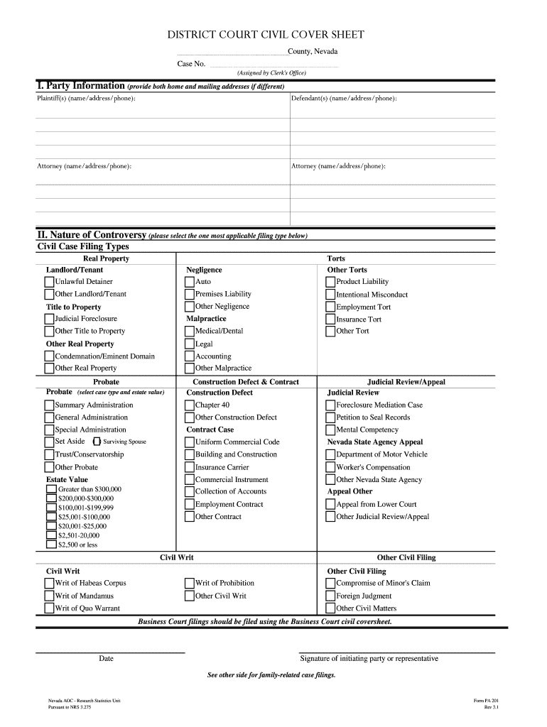 Civil Cover Sheet State of Nevada Self Help Center  Form
