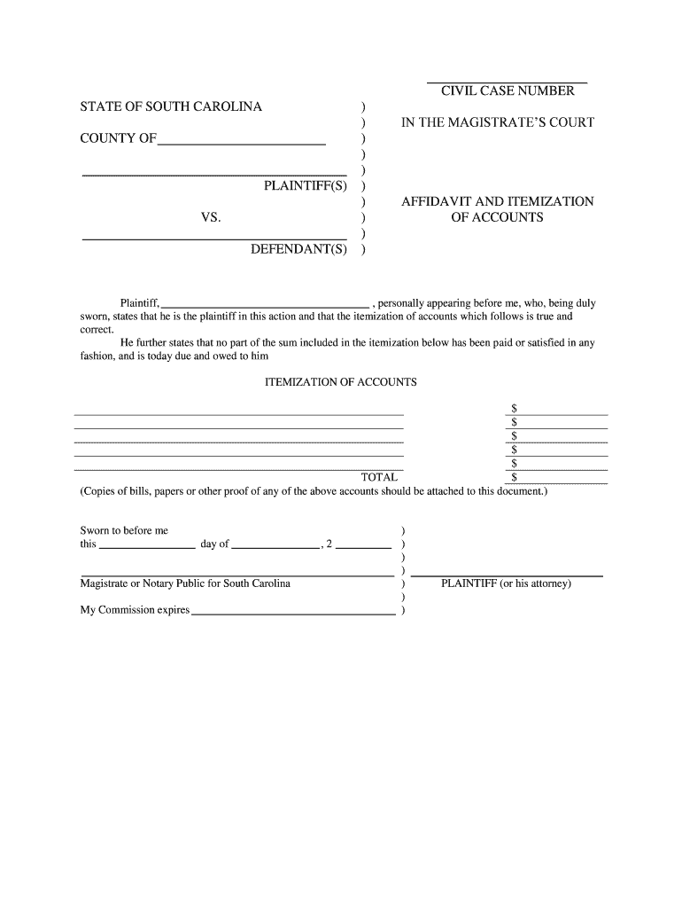 South Carolina Affidavit and Itemization of Accounts  Form