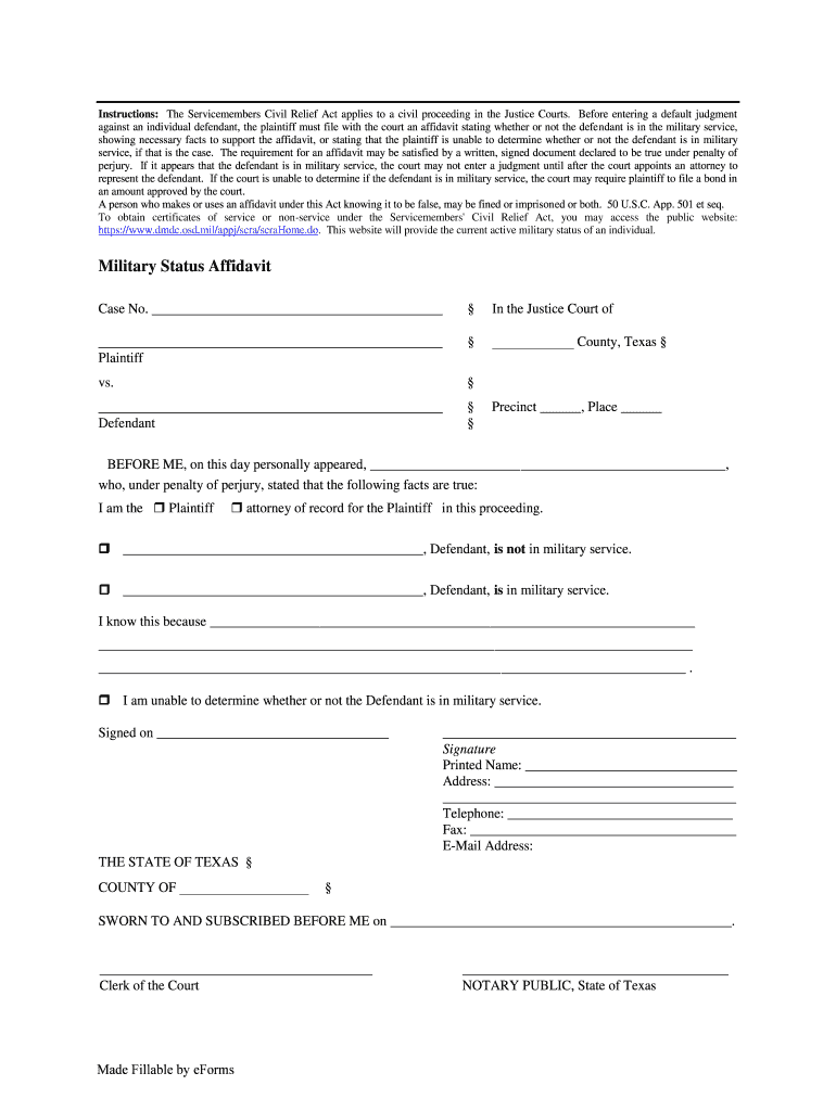 Texas Eviction Military Affidavit Form