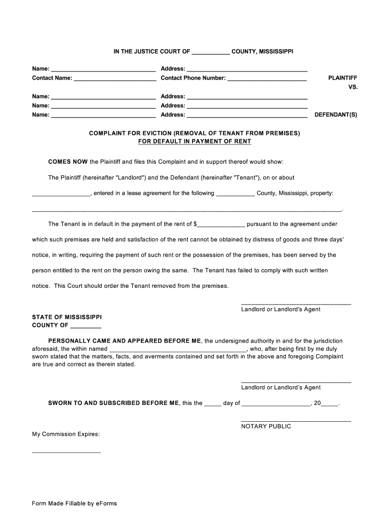 Mississippi Complaint for Eviction Non Payment of Rent  Form