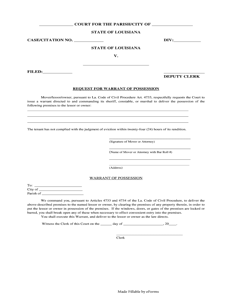 Louisana Warrant for Possession Form