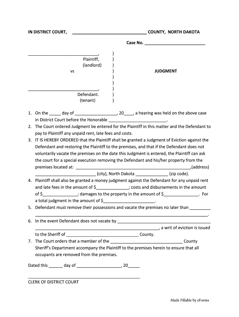 North Dakota Judgment Form