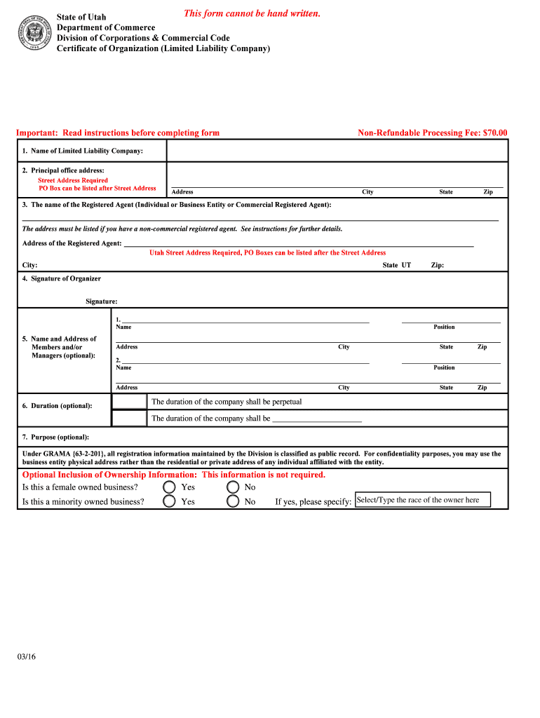 Certificate of Organization Limited Liability Company  Form