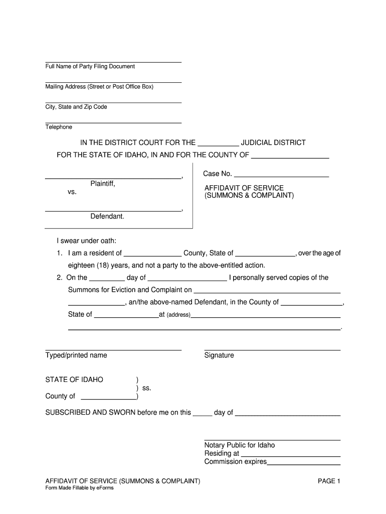 Idaho Affidavit of Service Summons and Complaint  Form
