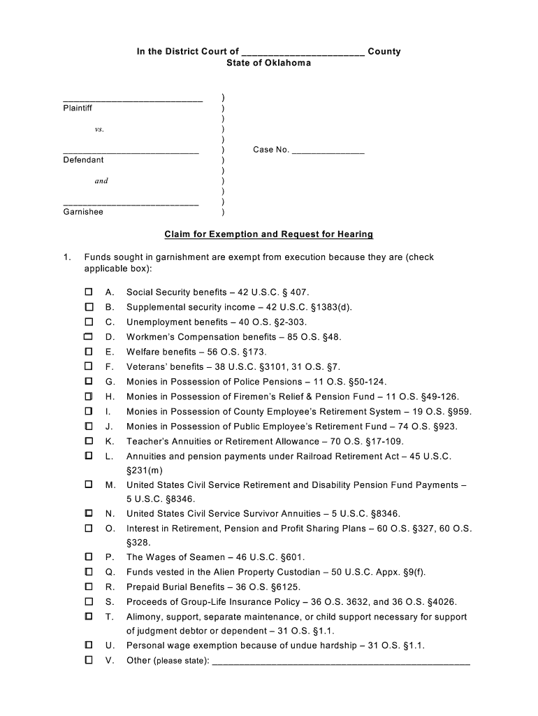 Oklahoma Claim for Exemption and Request for Hearing  Form